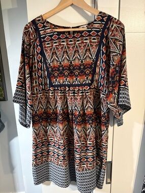 Boho Patterned Babydoll Dress in Navy and Rust